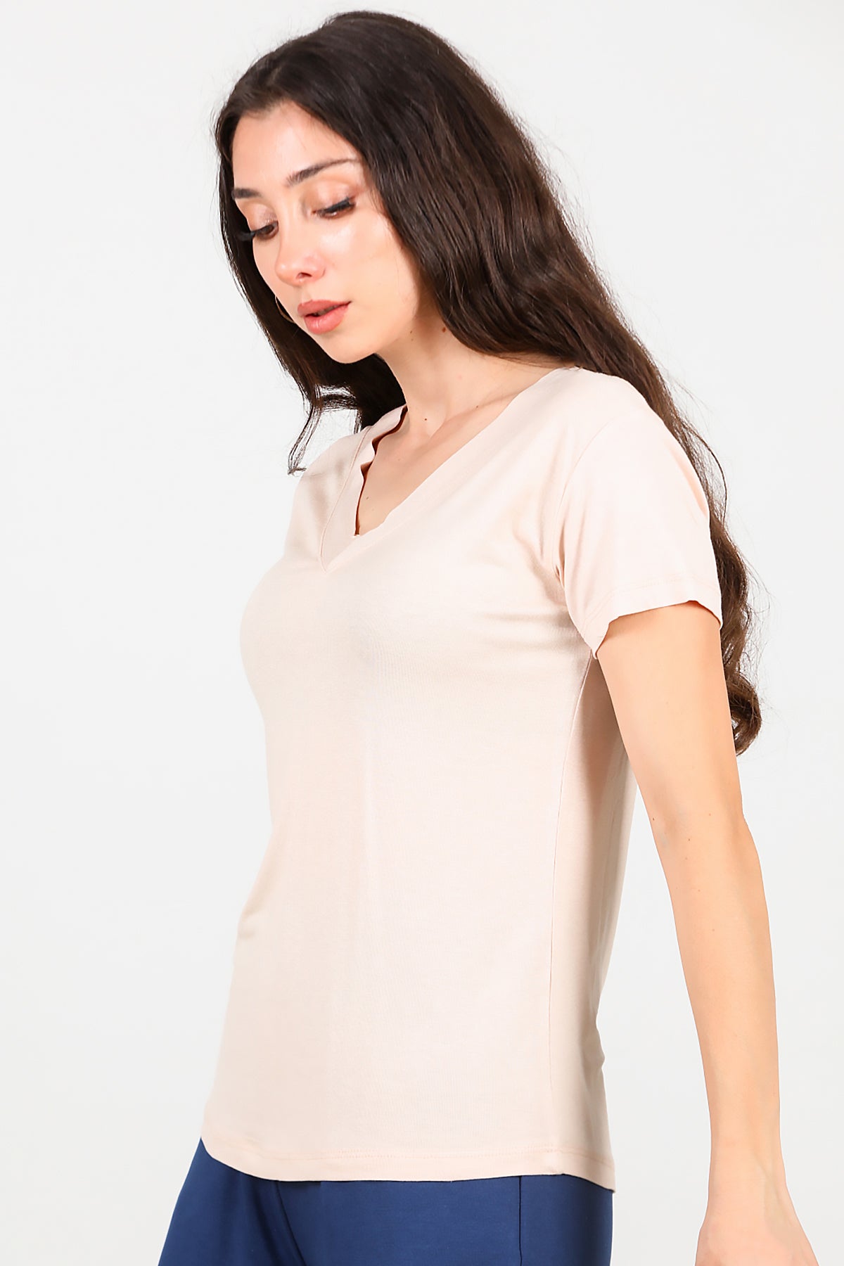 Kadın V Yaka T-shirt Bej