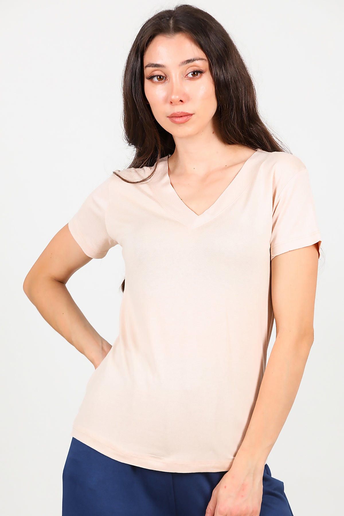 Kadın V Yaka T-shirt Bej