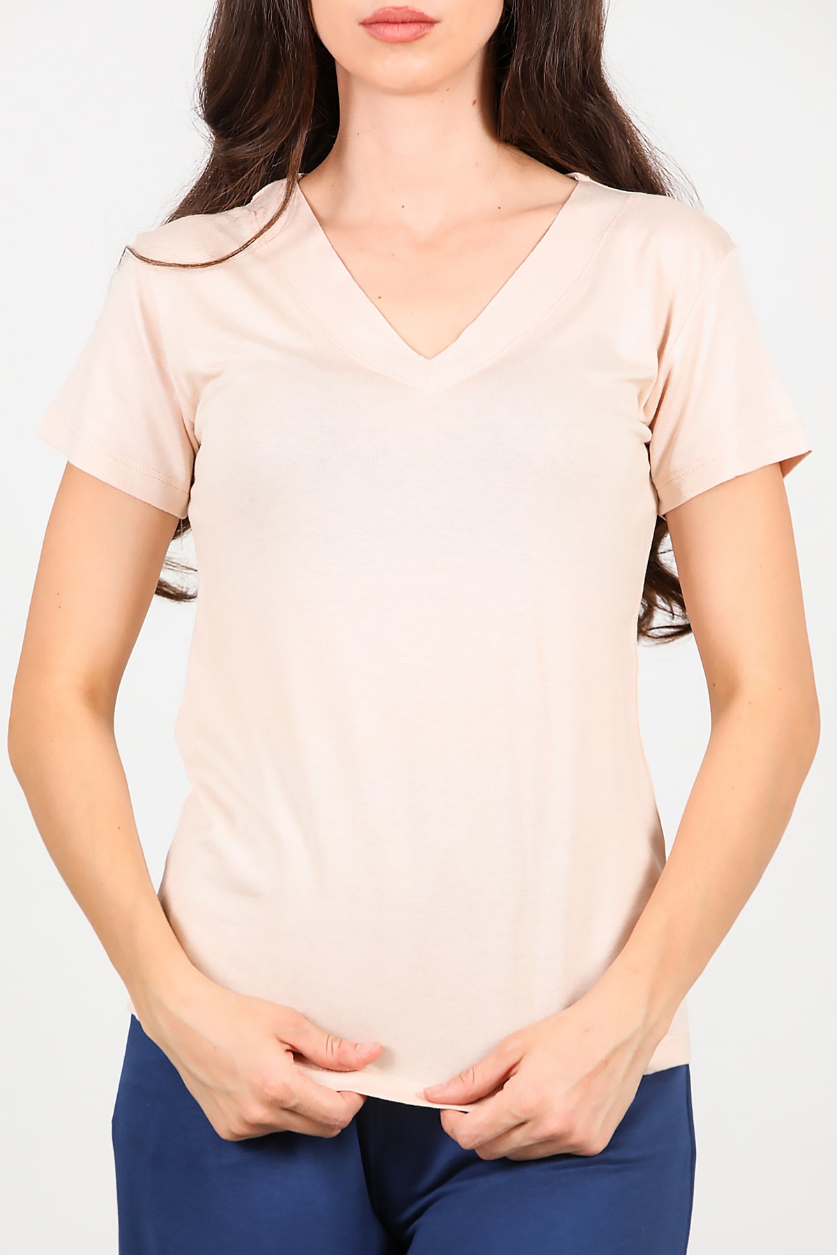 Kadın V Yaka T-shirt Bej
