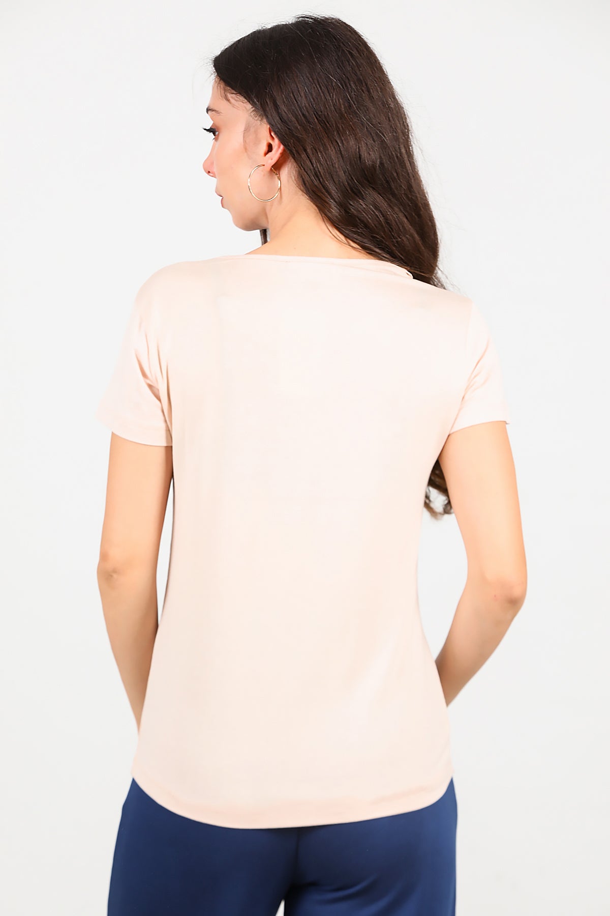 Kadın V Yaka T-shirt Bej