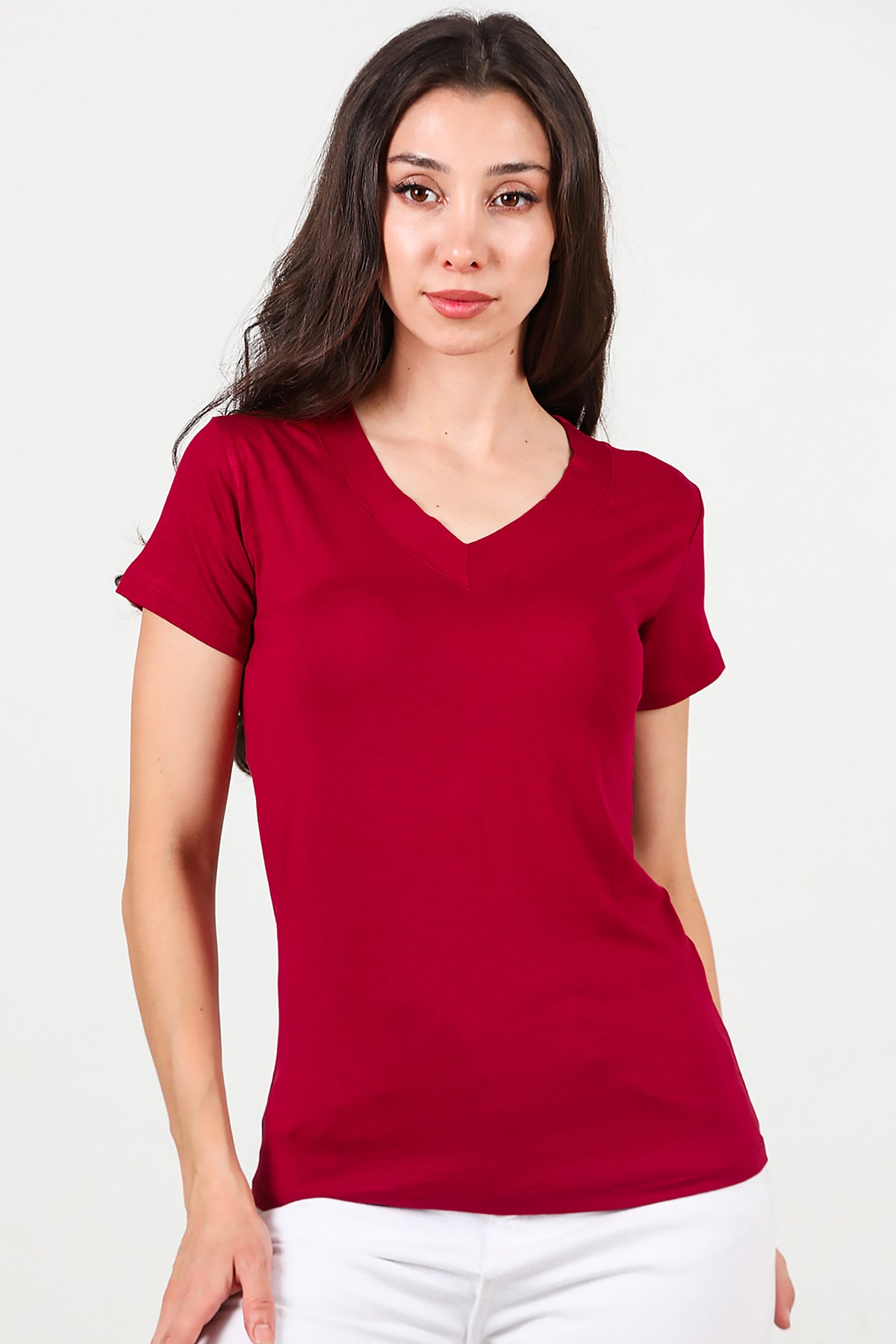 Kadın V Yaka T-shirt Bordo