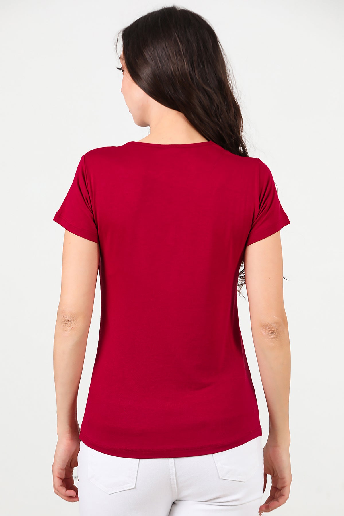 Kadın V Yaka T-shirt Bordo