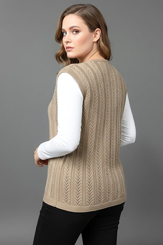 Büyük Beden Örgü Yelek Vizon