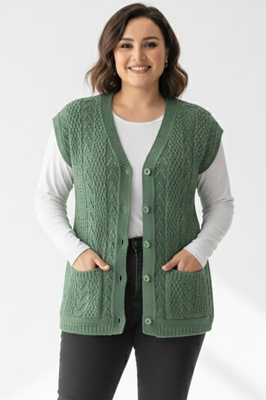 Büyük Beden Örgü Yelek Yeşil