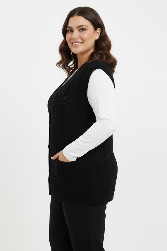 Knitera Büyük Beden Örgü Yelek Siyah