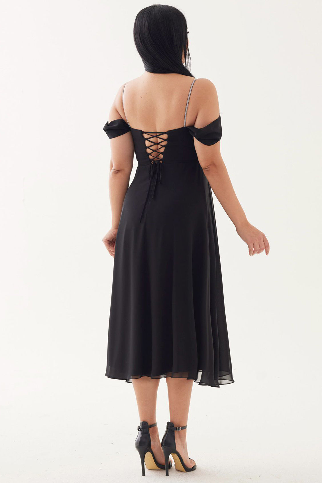 Büyük Beden İp Askılı Şifon Abiye Siyah