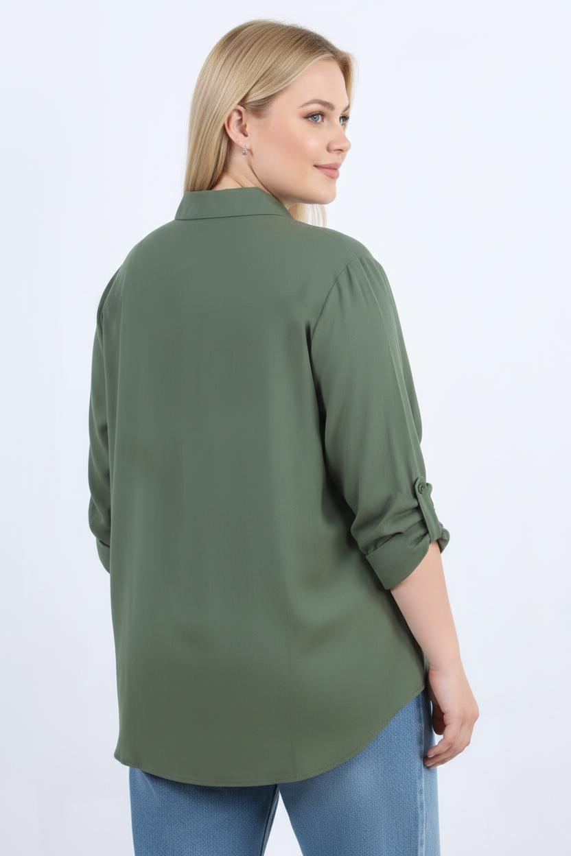 Serene Büyük Beden Kol Katlamalı Gömlek Haki