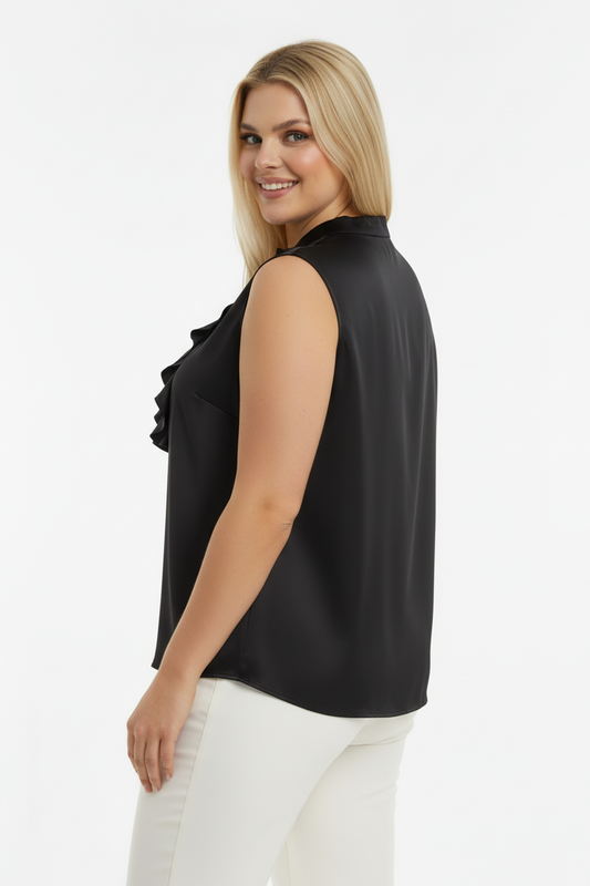 Büyük Beden Ön Fırfır Detay Kolsuz Bluz Siyah