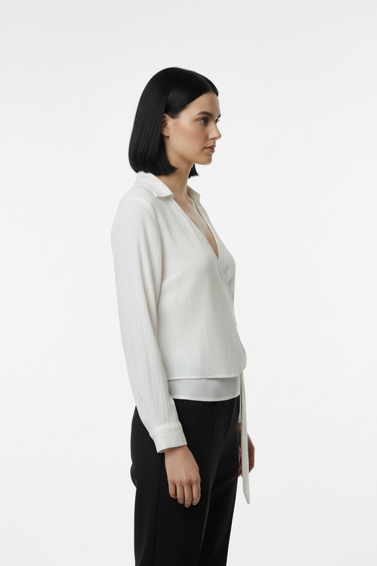 WRAP Kadın Müslim Tencel Kumaş Detaylı Bluz Ekru