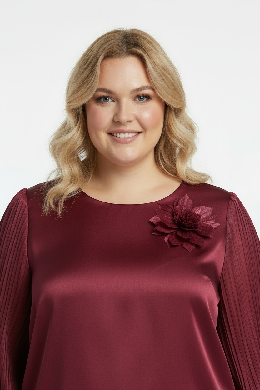 Delicate Büyük Beden Yaka Çiçek Bluz Bordo