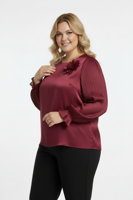 Büyük Beden Yaka Çiçek Bluz Bordo