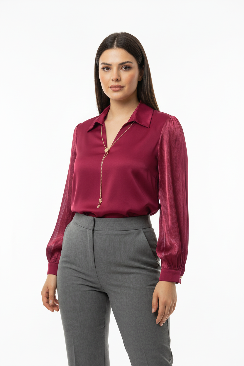 Chic Büyük Beden Önü V Yakalı Bluz Bordo