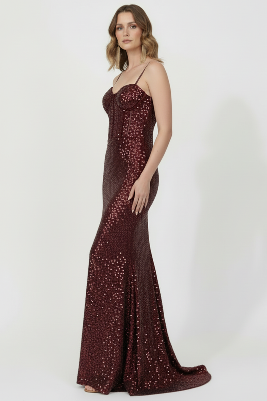 Kadın Kol Parçalı Uzun Pullu Abiye Bordo