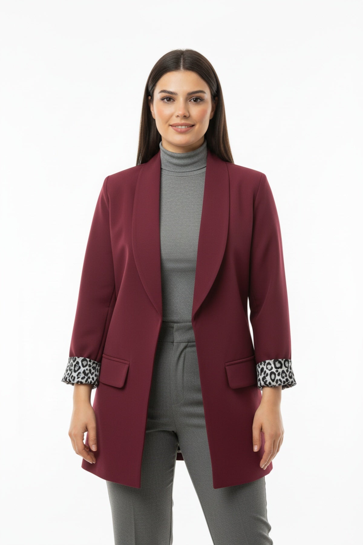 Büyük Beden İçi Leoparlı Blazer Ceket Bordo - Detay Görünümü