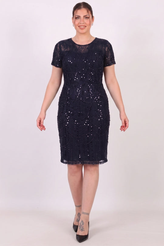 Büyük Beden Kısa Kol Pullu Boncuklu Abiye Lacivert - Ön Görünüm
