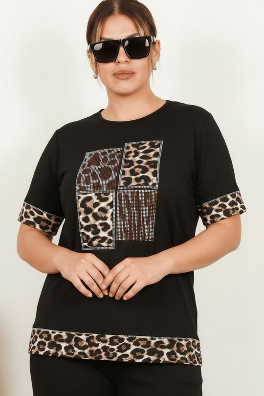 Büyük Beden Leoparlı Taşlı Kısa Kol Takım Siyah - Yandan Görünüm