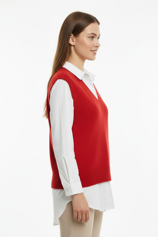 Kırmızı V Yaka Triko Süveter Yan Görünüm