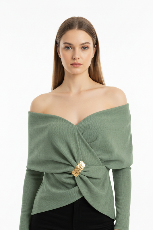 Glamour Kadın Şal Yaka Aksesuar Detay Bluz Çağla Yeşili