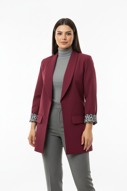 Leopard Blazer Ceket Bordo