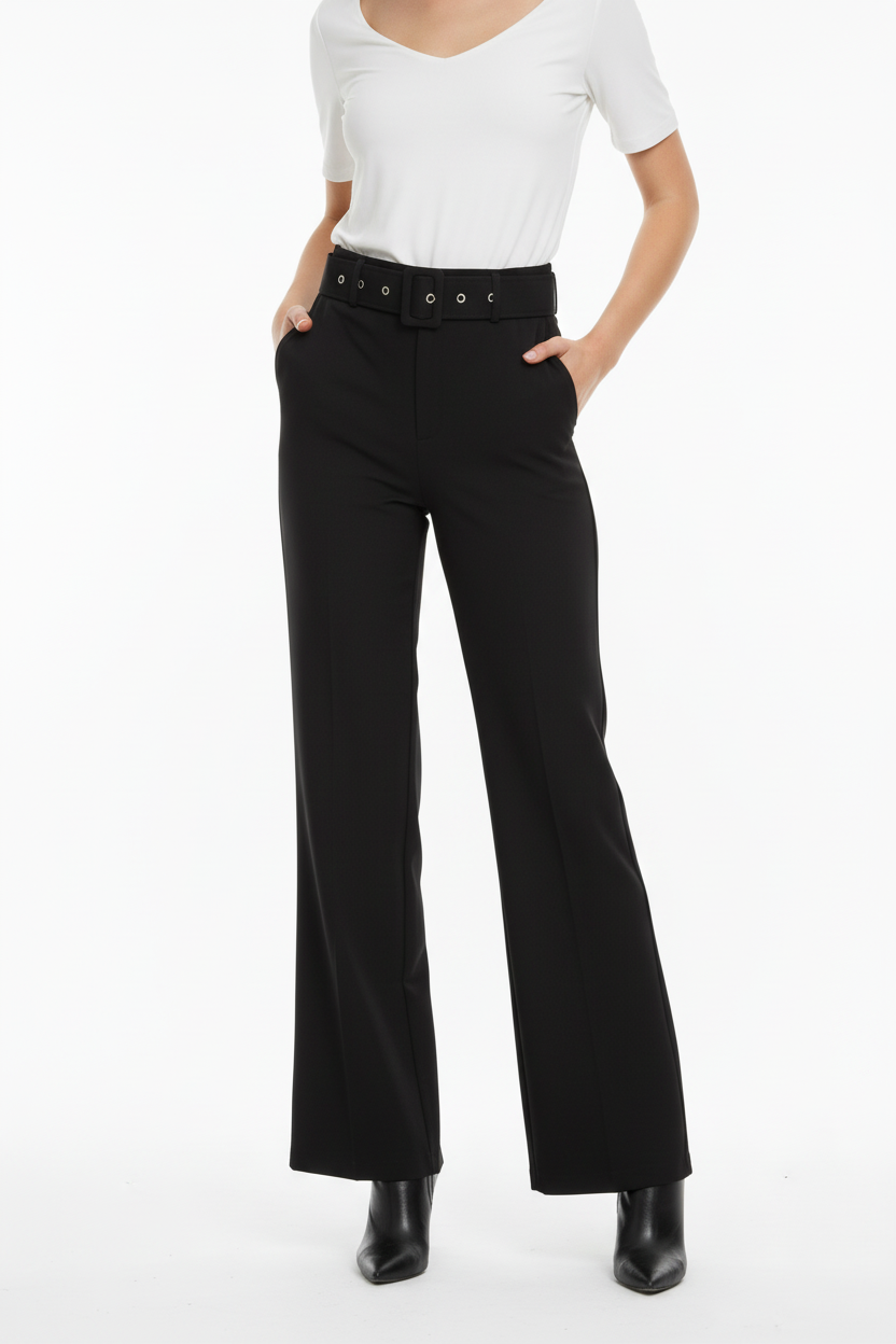 Elegance Kadın Kemerli İspanyol Paça Pantolon Siyah