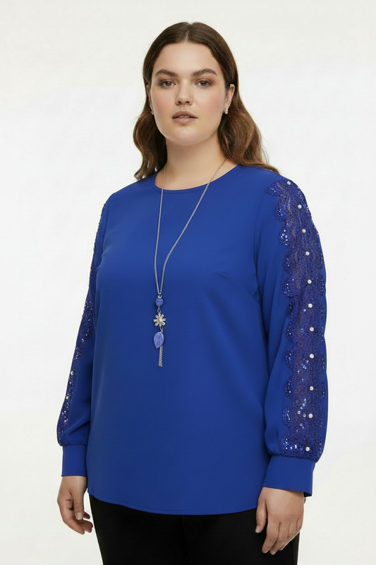 Saks Mavi Dantel Bluz - Ön Görünüm