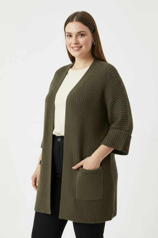 Büyük Beden Cepli Hırka Haki - yan açı