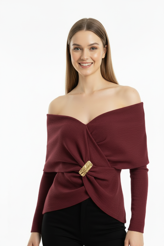 Glamour Kadın Şal Yaka Aksesuar Detay Bluz Bordo