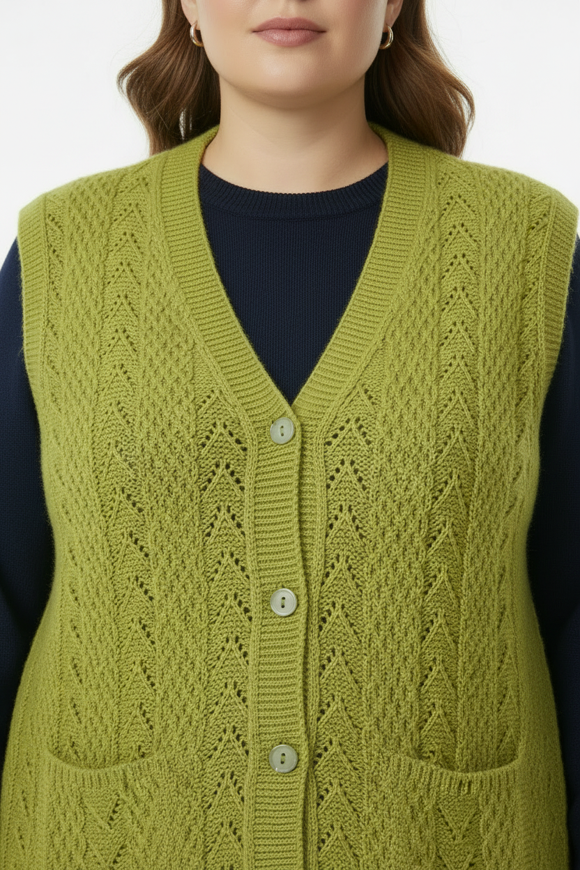 Büyük Beden Örgü Yelek Yağ Yeşili - Detay Çekim