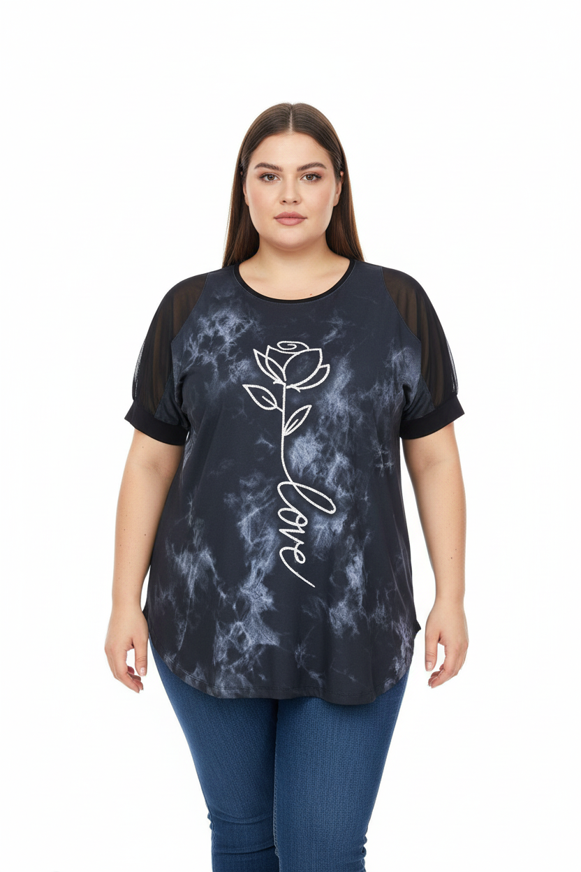 Büyük Beden Desenli Tül Kol Tunik Siyah - ön görünüm