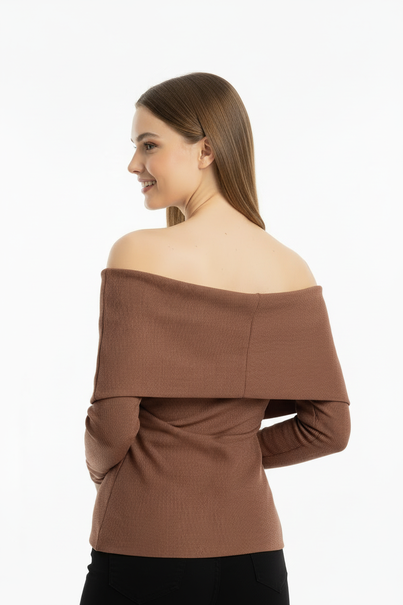 Glamour Kadın Şal Yaka Aksesuar Detay Bluz Kahverengi