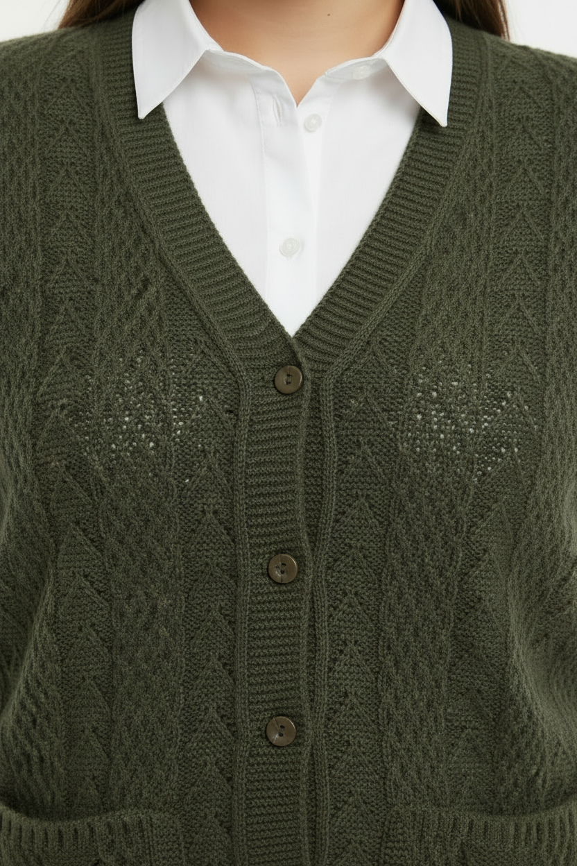 Büyük Beden Örgü Yelek Haki - Detay Çekim