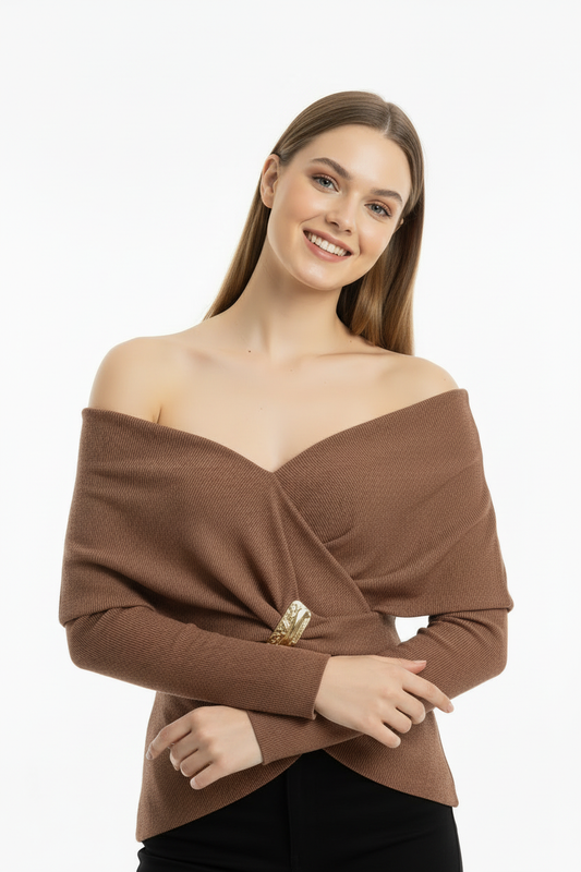 Glamour Kadın Şal Yaka Aksesuar Detay Bluz Kahverengi