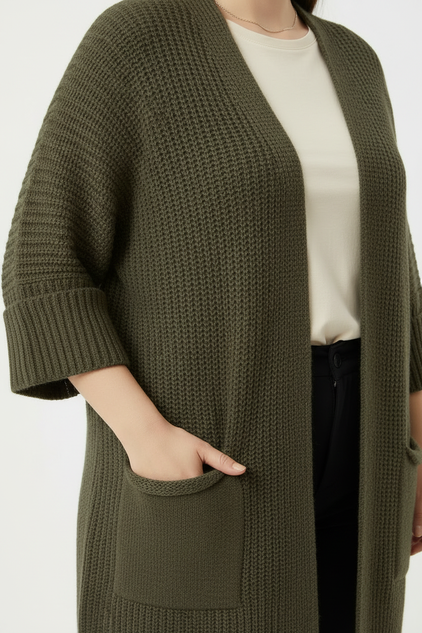 Büyük Beden Cepli Hırka Haki - detay