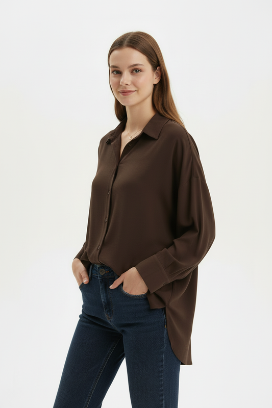 Kadın Düğmeli Oversize Gömlek Kahverengi - yan açı