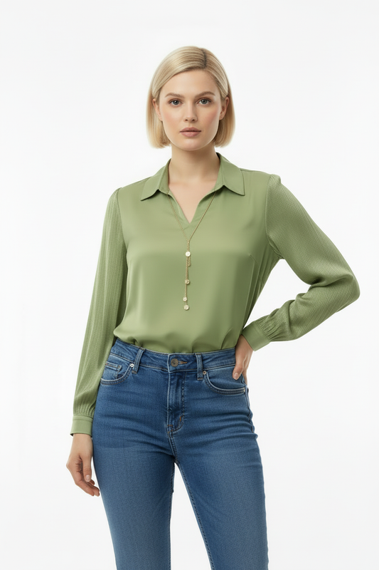 Vivid Kadın Önü V Yakalı Bluz Yeşil - Ön Görünüm 2