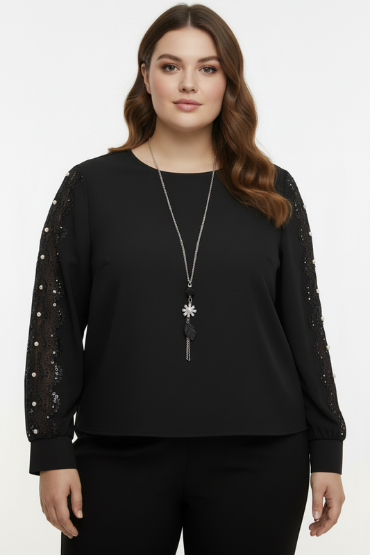 Glam Büyük Beden Payetli Dantel Kollu Siyah Bluz