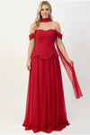 Kadın Tül Etek Şal Detay Krep Abiye Kırmızı