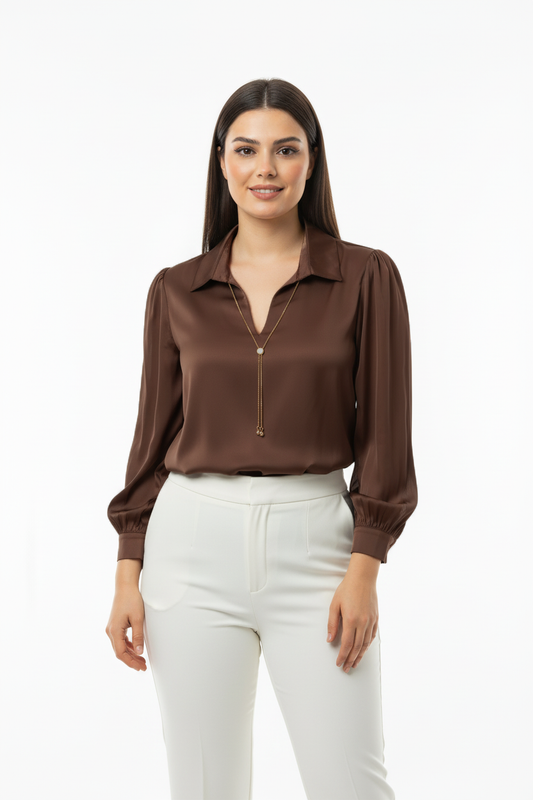 Chic Büyük Beden Önü V Yakalı Bluz Kahverengi