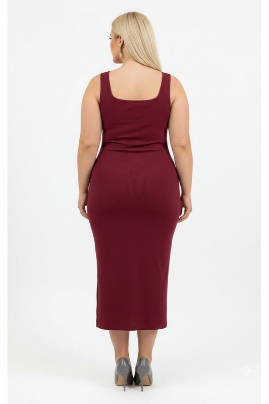 Büyük Beden Kolsuz Kare Yaka Elbise Bordo