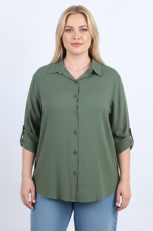 Serene Büyük Beden Kol Katlamalı Gömlek Haki
