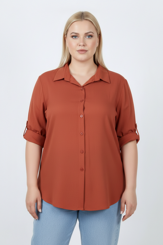 Serene Büyük Beden Kol Katlamalı Gömlek Kiremit