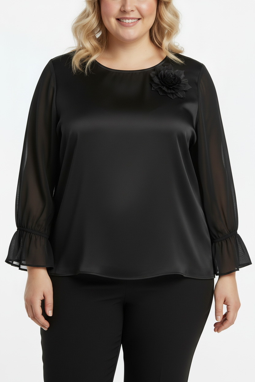 Delicate Büyük Beden Yaka Çiçek Bluz Siyah