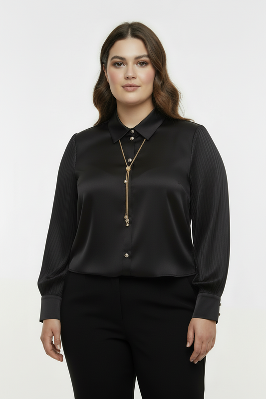 Opulent Büyük Beden Kristal Düğmeli Kolyeli Pileli Manşet Siyah Saten Gömlek