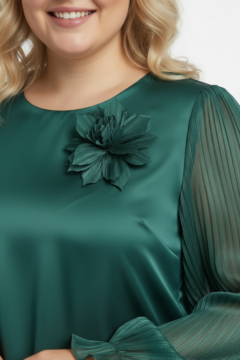 Büyük Beden Yaka Çiçek Bluz Zümrüt