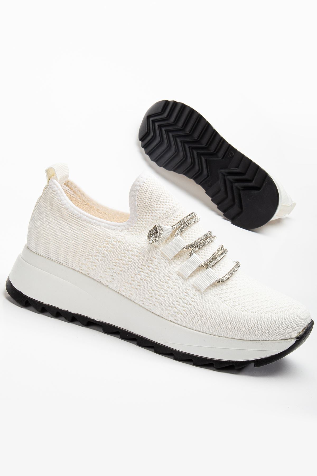 Paris Beyaz Triko Bağcıklı Taşlı Rahat Kalıp Sneaker