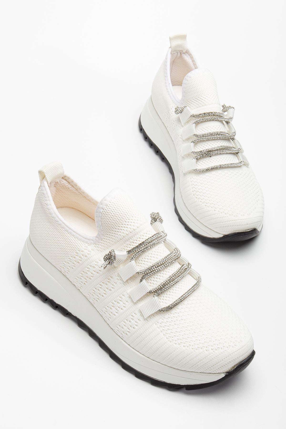 Paris Beyaz Triko Bağcıklı Taşlı Rahat Kalıp Sneaker