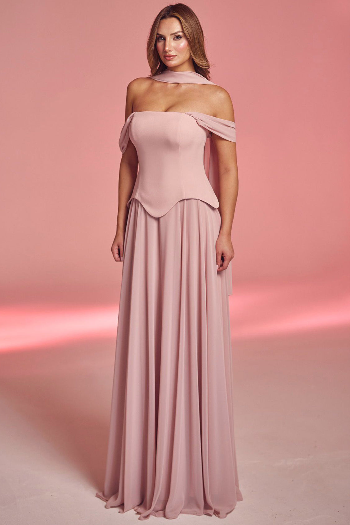 Kadın Şifon Dabl Uzun Abiye  Pudra