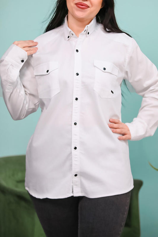 Büyük Beden Çıt Çıt Düğmeli Önden Cepli Gömlek Beyaz Beyaz