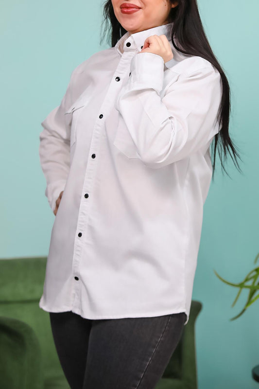Büyük Beden Çıt Çıt Düğmeli Önden Cepli Gömlek Beyaz Beyaz