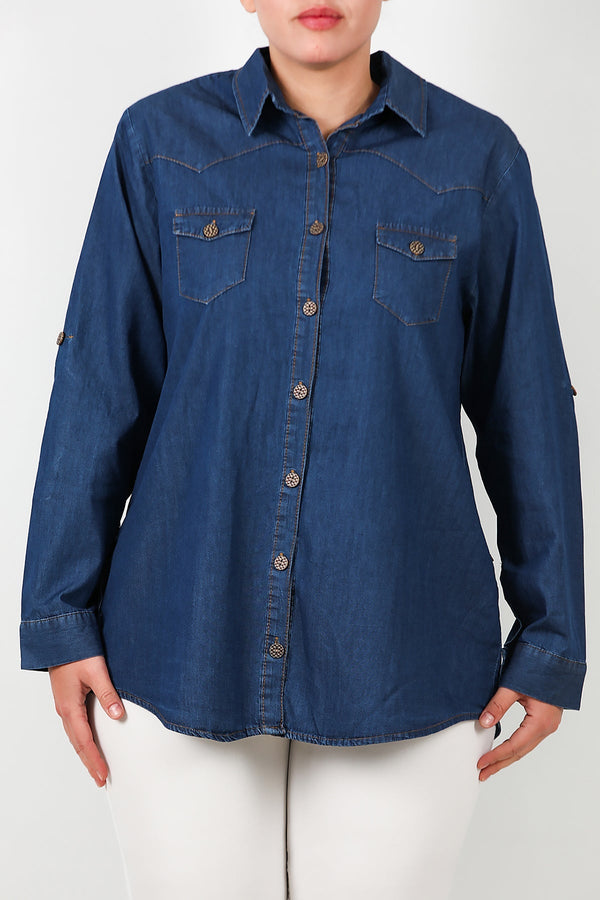 Büyük Beden Kol Katlamalı Kot Gömlek Lacivert  Lacivert